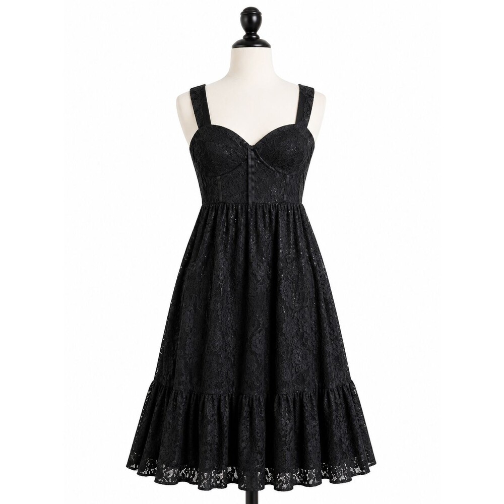 Women's GUESS Black Lace Midi Dress Size 12 Built In Bra Sleeveless Fit & Flare
